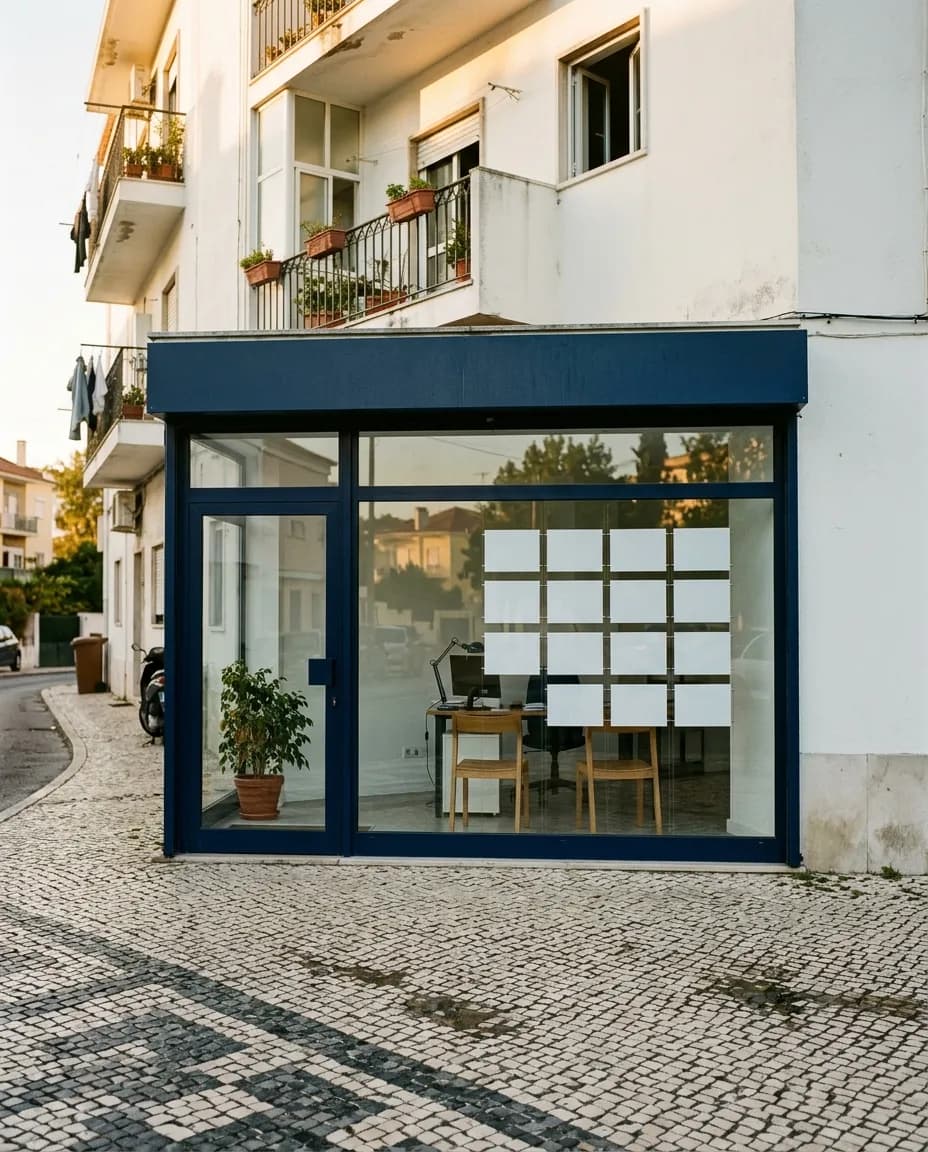 Montra de uma pequena imobiliária numa rua residencial