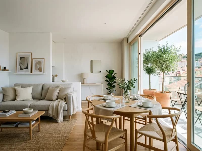 Sala de apartamento T2 luminosa com varanda